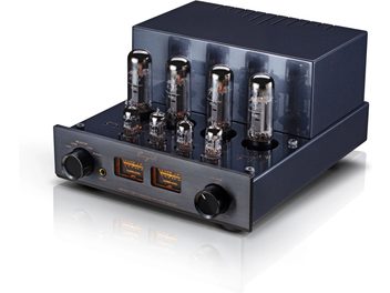 Amplificateur intégré stéréo à tubes Cayin Jazz 80 EL34 noir en métal avec façade brossée, deux VU-mètres rétroéclairés orange, gros boutons circulaires et plusieurs tubes en verre apparents sur le dessus, vue de trois-quarts avant légèrement en plongée