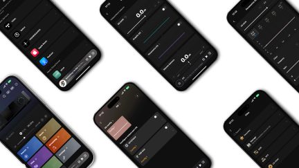 Six black smartphones displaying dark user interfaces with audio settings, equalizers, and playback options.
