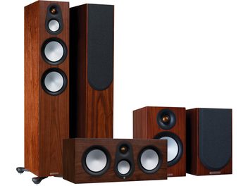Monitor Audio Silver 300 7G puidust tornkõlarite komplekt, millel on esipaneelil 3 musta kõlarit, näidatud eest- ja külgvaates