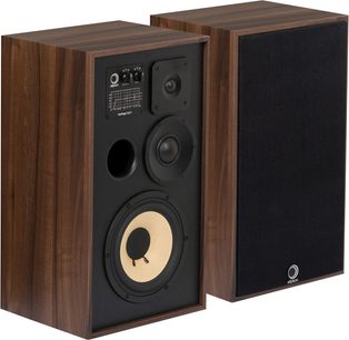 Reproduktorová skříň Elipson Heritage XLS 11 ořech, pohled zepředu, černé reproduktory, dřevěná čelní strana, ovládací prvky na boku