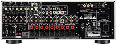 Denon AVR-2809 hjemmebiograf-forstærker, bagside, mange analoge og digitale lyd/video-stik, knapper og stik