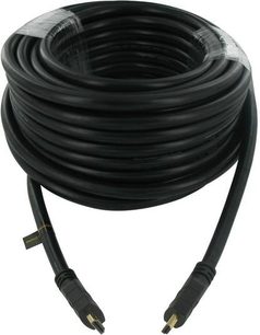 Sort sammenrullet HDMI-kabel Connect Research CV1025PA 25 m, med forgyldte stik i enderne, tæt optagelse på hvid baggrund