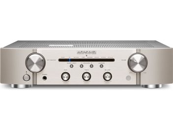 Marantz PM6006 Stereo-Hi-Fi-Verstärker in silberner Goldfarbe, Frontansicht, silberne Frontplatte mit Tasten und Anschlüssen, zwei silberne Drehregler