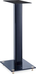 Soporte para altavoz S05 azul con columna rectangular vertical, base cuadrada de vidrio, 4 puntas metálicas doradas y plataforma superior plana