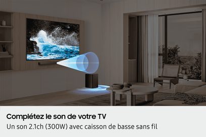 Svart Samsung HW-B460F soundbar i plast och metall med frontgaller, sedd framifrån monterad under en TV, tillsammans med en matchande kubformad subwoofer