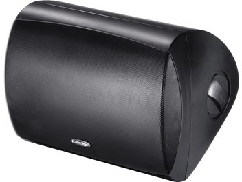 Paradigm Stylus 470-SM Außenlautsprecher schwarz, Perspektivansicht, gewölbtes Metallgitter, schwarzes Gehäuse, sichtbares Logo
