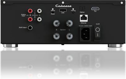 Cabasse ABYSS sort satineret stereo hi-fi-forstærker, set forfra, med stik og kontroller i nærbillede