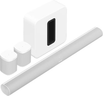 Sonos soundbar Pack ARC + One SL + SUB (Gen 3) hvid, set forfra og fra siden, på hvid baggrund