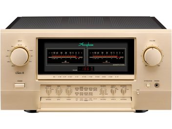 Стерео усилител Accuphase E-800S в шампанско матиран алуминий, преден изглед, с два индикатора за ниво, големи бутони за регулиране на звука и избора на входа