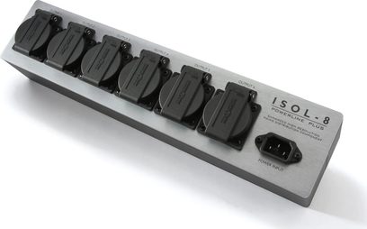 Isol-8 PowerLine Plus 8 lizdų šakotuvai, šepetėliu apdorotas pilkas aliuminis, individualūs jungikliai, mėlynas LED