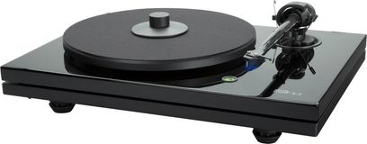 Hi-fi pladespiller Music Hall MMF 5.3 sort, set ovenfra, tonarm med pickup, mat sort pladeskive, blankt sort kabinet