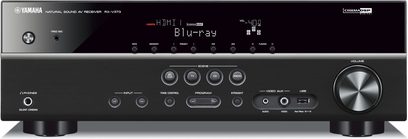 Yamaha RX-V373 sort hjemmebiografsforstærker, front med blå LCD-skærm, knapper og kontrolknapper, USB-port