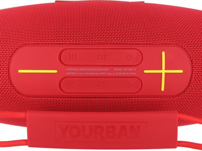 Bluetooth zvočnik Yourban Getone 45 rdeč, pogled od spredaj, rumeni gumbi za upravljanje, površina iz teksturirane tkanine