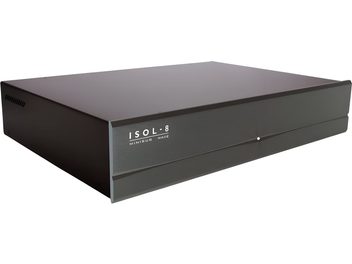 Síťový kondicionér Isol-8 Minisub Wave černý, obdélníkové hi-fi šasi s černým broušeným čelním panelem a centrální bílou LED diodou