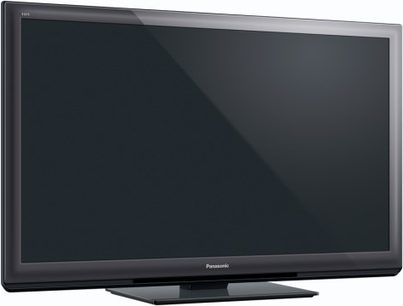 Sort, rektangulært Panasonic TX-P46ST30 fladskærms-tv set forfra i let frøperspektiv, slukket