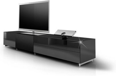 Spectral Cocoon S9092 sort lakeret TV-møbel, 2 nederste kabinetter, midterhylde, TV-plads, 3/4 frontvisning