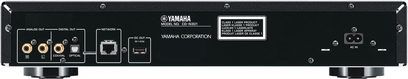 Odtwarzacz CD Yamaha CD-N301 w kolorze srebrnym, widok z przodu, złącza po lewej stronie, przyciski i wyświetlacz po prawej