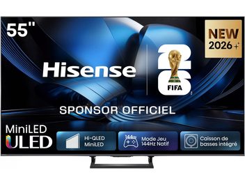Televisor Hisense de 55 pulgadas visto de frente, marco fino, pantalla azul ULED MiniLED con logo de la FIFA 2026