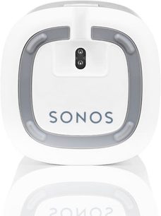Altavoz inalámbrico conectado Sonos Play 1 blanco, vista frontal, forma redondeada, rejilla metálica gris, logotipo central