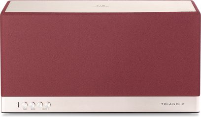 Triangle AIO 3 wireless connected speaker, red ochre, front view, dark red fabric finish, white buttons and logo