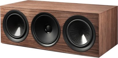 Středový reproduktor Paradigm Premier 520LCR v2 v ořechovém provedení, pohled zepředu se třemi černými reproduktory