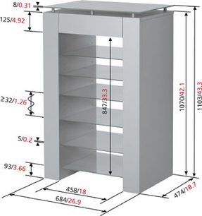 Vogel's Q7068 hvidt audio-/videomøbel, eksploderet visning med mål i millimeter, 5 hylder, 2 glaslåger