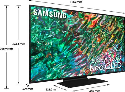 Samsung QE50QN90B 2022 Neo QLED-fladskærms-TV, rektangulær fladskærm, set forfra, dimensioner vist på billedet
