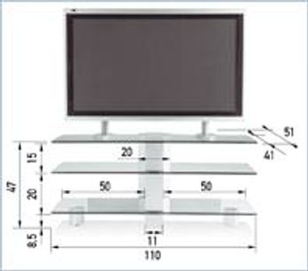 TV-møbel i glas og sort metal med 2 hylder, 1 midterrumme og 1 fladskærm, set forfra med mål i cm