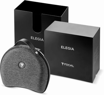 Focal Elegia lukket hovedtelefon, sort og grå, med sorte æsker med Focal-logo, set forfra