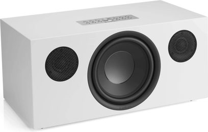 Fehér Audio Pro C20 W okoshangszóró, nagyméretű fekete központi hangszóróval, két kerek ráccsal és felül elhelyezett kezelőszervekkel