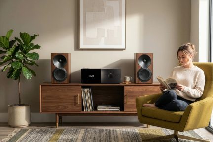 Sistema hi-fi con amplificatore nero e due diffusori da scaffale con finitura in legno su mobile basso in noce in un soggiorno