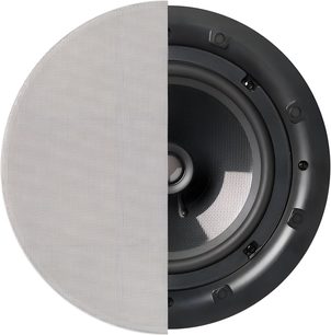 Q Acoustics QI80C indbygget højttaler, set forfra og fra siden, rund hvid gitterdæksel, cirkulær sort kabinet