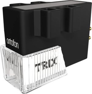 Schwarze Ortofon VNL TRIX DJ-Tonabnehmerzelle aus Kunststoff, geriffelter transparenter Frontdeckel, vergoldete Anschlüsse, Dreiviertelansicht