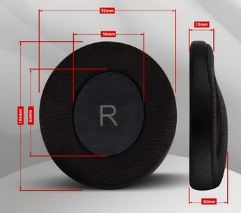 Right ear cushion Sendy Audio Aiva 2 black, front and side view with detailed dimensions in millimeters