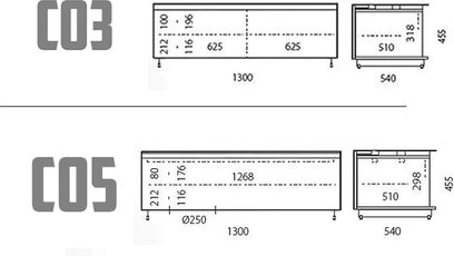 Teknisk diagram med dimensioner i mm for de rektangulære, langstrakte Spectral Cocoon CO3 og CO5 audio-/videomøbler