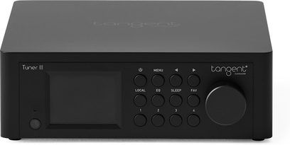 Tuner radiowy Tangent TUNER III matowa czerń, obudowa przypominająca metal, widok z przodu, ekran po lewej, okrągłe przyciski, pokrętło po prawej