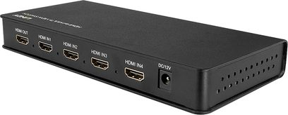 HDMI 4-ports switch Lindy 38150, rektangulær sort kabinet, 4 HDMI-indgange, 1 HDMI-udgang og 1 DC12V-udgang, set forfra