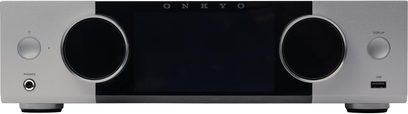 Silver Onkyo hi-fi stereo amplifier, front panel with large central black display, two big round knobs and USB port