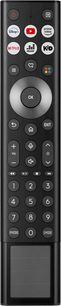 Black remote control viewed from the front, circular and rectangular buttons, app logos at the top, numeric keypad at the bottom