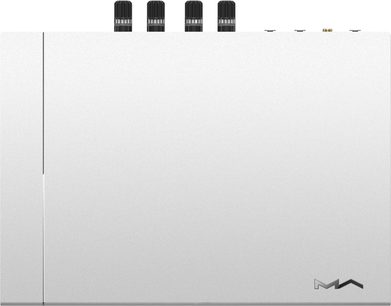Matrix Audio Element P2 versterker grijs aluminium, glad bovenpaneel gezien van bovenaf, vier uitgelijnde zwarte gekartelde luidsprekerterminals aan de achterkant, hoekig "MA" logo rechtsonder