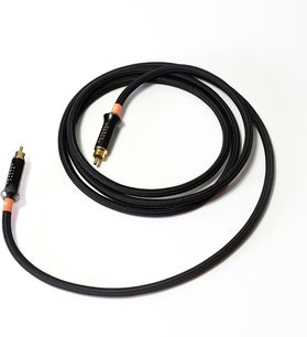 Digitální koaxiální kabel Advance Paris LINK Coaxial 2m černý s nylonovým opletením, pozlacené RCA konektory s černými pouzdry a oranžovými kroužky, pohled shora