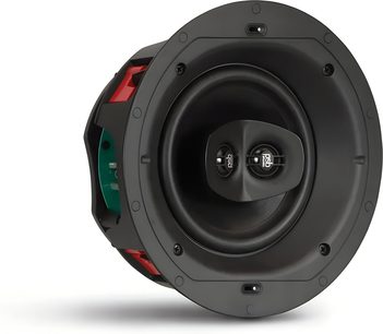 Decken-Einbaulautsprecher PSB CS630 in Schwarz aus Kunststoff, Dreiviertelansicht, mit zentralem koaxialem Doppel-Hochtöner, Schraubbefestigung