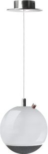 Chrome ceiling support with rod and suspended white sphere, Elipson Planet M speaker