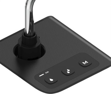 Svart HumminGuru-vattendispenser med böjd metallpip och touchkontroller med droppikoner