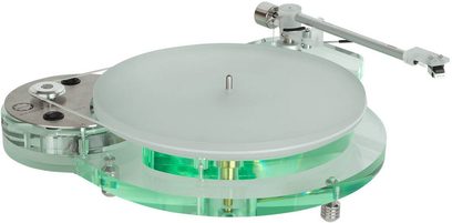 Roksan Radius 7 pladespiller med Nima-arm, glasplade, gennemsigtig kabinet, let skråt ovenfra-perspektiv