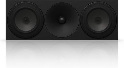 Amphion Argon 5C sort højttaler, frontvisning, 2 runde højttalere og 1 central diskant i et rektangulært, matsortkabinet