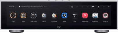 Player audio de rețea RS151 negru cu ecran frontal dreptunghiular afișând pictograme colorate, carcasă rectilinie, picioare circulare
