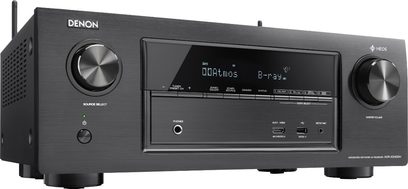 Denon AVR-X3400H sort hjemmebiografsforstærker, frontvisning, frontpanel med LCD-skærm, kontrolknapper og drejeknapper