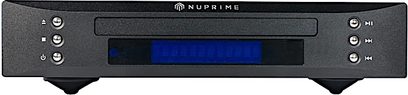 Nuprime CDT-9 sort CD-afspiller, sort front med blå display, knapper og stik på forsiden, set forfra