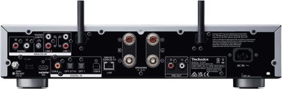 Technics SU-GX70EG-K sort hi-fi stereoforstærker, set forfra, med tilslutninger og betjeningsknapper på forsiden, to Wi-Fi-antenner